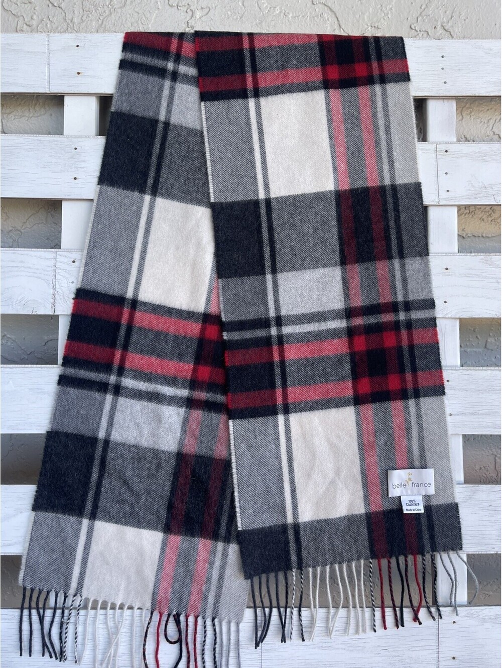 Belle France 100% Cashmere Scarf Gray Black Red Winter Plaid Fridge